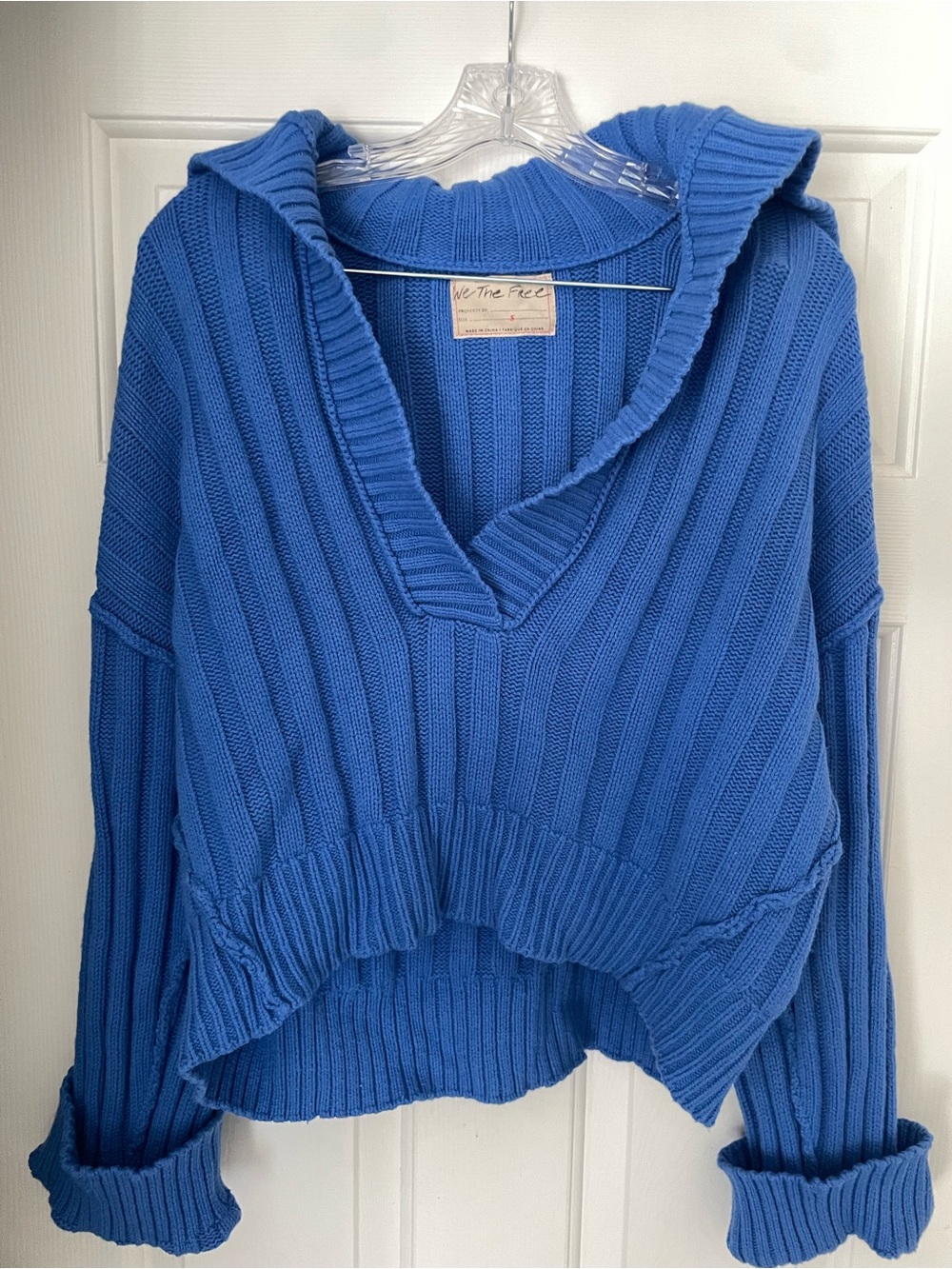 We The Free Ribbed V-Neck Pullover Hoodie in Cobalt